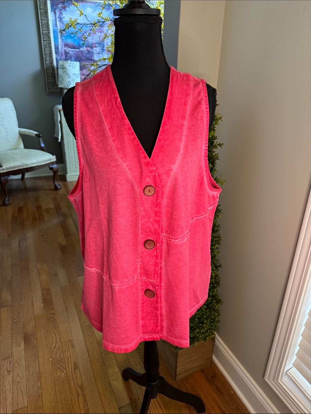 Focus Casual Life Stone Washed Hot Pink Button-Front Sleeveless Tank Vest - Med